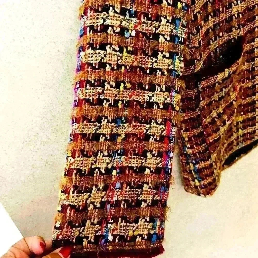 ANTHROPOLOGIE L NWT  MULTICOLORED FRINGE ARTSY LINED BOHO EARTHY‎ AUTUMM JACKET - Picture 7 of 11